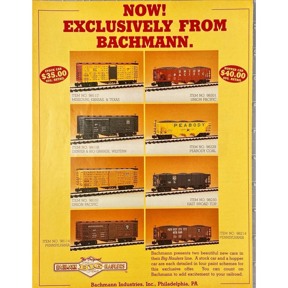 Bachmann Industries Inc. "Train Cars Exclusively from Bachmann"Vtg Print Ad 1991